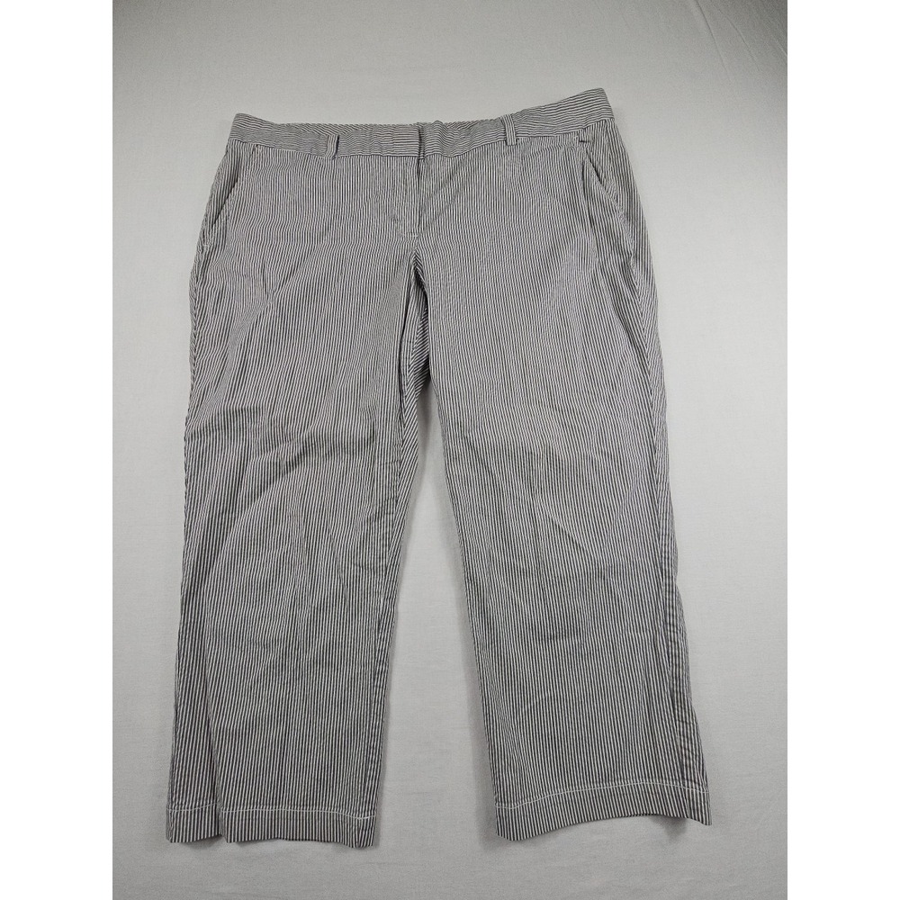 LANDS' END Womens Fit 1 Size 18 Grey White Seersucker Stripe Stretch Cotton Pant
